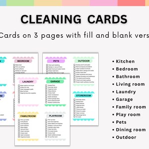 Puede incluir: Tarjetas de limpieza con listas de verificaci&oacute;n para varias habitaciones, incluyendo cocina, dormitorio y ba&ntilde;o. Las tarjetas est&aacute;n organizadas en tres p&aacute;ginas, con versiones para rellenar y en blanco. El texto "CLEANING CARDS" est&aacute; en la parte superior.