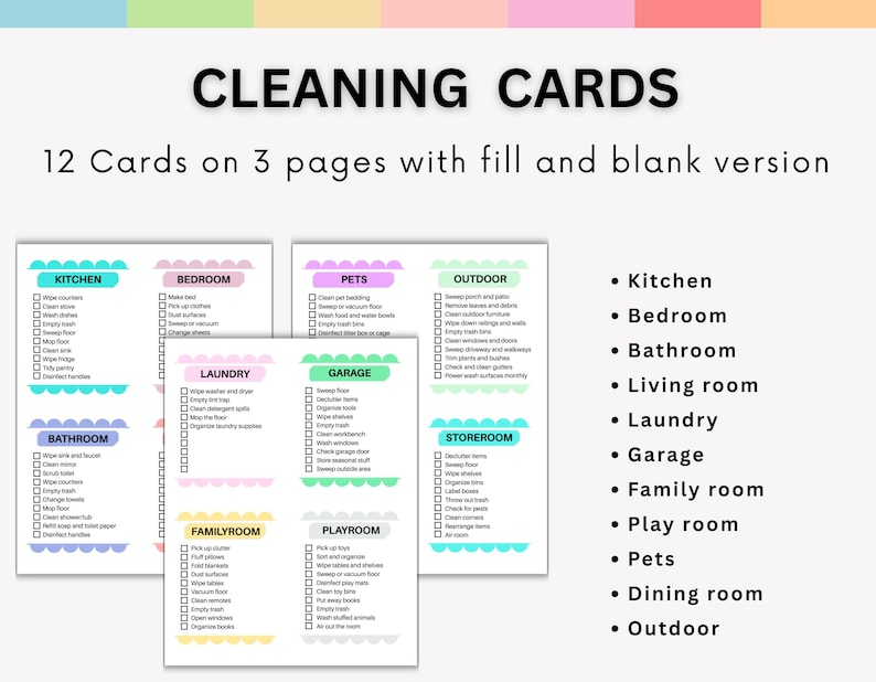 Puede incluir: Tarjetas de limpieza con listas de verificaci&oacute;n para varias habitaciones, incluyendo cocina, dormitorio y ba&ntilde;o. Las tarjetas est&aacute;n organizadas en tres p&aacute;ginas, con versiones para rellenar y en blanco. El texto "CLEANING CARDS" est&aacute; en la parte superior.