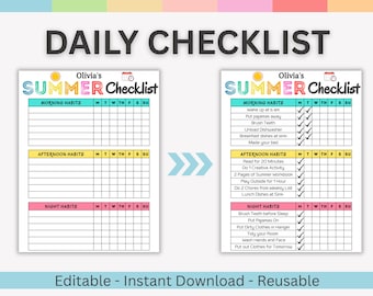 Summer Checklist, Editable Summer Daily Checklist for Kids, Printable Chore Chart for Kids Instant download, Summer Rules, Summer Routine