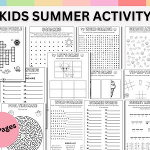 Pacote de atividades para impressão de verão para crianças: páginas para colorir envolventes, quebra-cabeças e jogos de labirinto. Conjunto de atividades abrangente para acampamentos de verão para crianças.