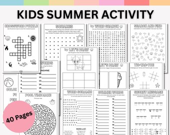 Peut inclure: Un ensemble de 40 pages d'activités estivales pour enfants. Les pages comprennent des mots croisés, des jeux de recherche de mots, des labyrinthes, des dessins et des jeux de tic-tac-toe. Le titre "KIDS SUMMER ACTIVITY" est en haut.