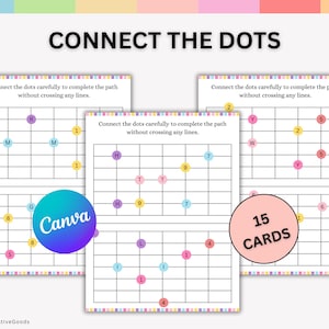 May include: A set of 15 connect-the-dots cards with colorful dots and the text "Connect the Dots." Each card features a grid with letters and numbers. The Canva logo is visible. The cards are designed for completing paths without crossing lines.