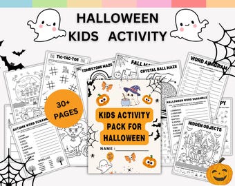 Peut inclure: Ensemble de pages d'activités sur le thème d'Halloween pour enfants. La couverture indique "KIDS ACTIVITY PACK FOR HALLOWEEN" avec des illustrations de fantômes, de citrouilles et de chauves-souris. Plus de 30 pages.