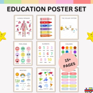 Education Poster Set, 16 Homeschool Print, Toddler Playroom, Colorful Learning, Montessori Classroom Decor, Montessori Alphabet Color Number