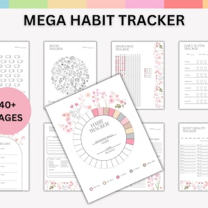 Puede incluir: Una colección de rastreadores de hábitos imprimibles con acentos florales. Las páginas incluyen rastreadores de café, estado de ánimo, meditación, ingesta de agua, listas de tareas y calidad del sueño. El título "MEGA HABIT TRACKER" se muestra en la parte superior.