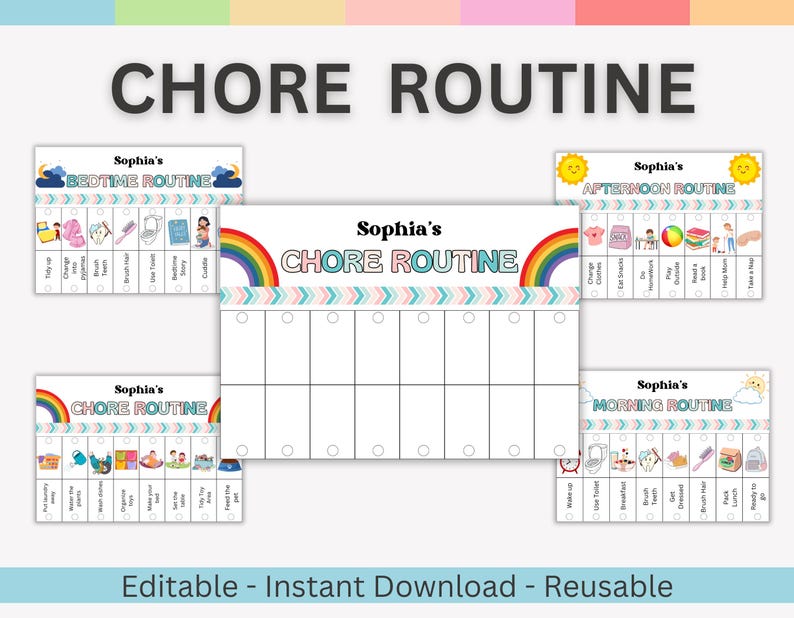 Chore Routine Chart Editable Printable, Morning Evening Bedtime Flip ...