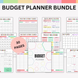 May include: A budget planner bundle with 30 pages, featuring various financial planning templates. Includes a yearly calendar, monthly budget sheets, and savings challenges. The cover has the words "Budget Planner" and a geometric design.