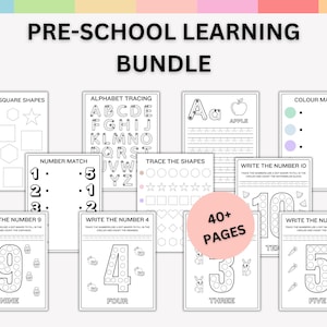 Puede incluir: Un conjunto de páginas de actividades de aprendizaje preescolar en blanco y negro. Las páginas incluyen el trazado del alfabeto, la correspondencia de números, el reconocimiento de formas y ejercicios de correspondencia de colores. El paquete incluye más de 40 páginas de contenido educativo.
