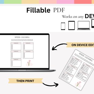 Puede incluir: Una lista de verificaci&oacute;n de limpieza r&aacute;pida en PDF digital rellenable que se muestra en la pantalla de una computadora port&aacute;til y una hoja impresa. La lista de verificaci&oacute;n incluye secciones para tareas de 20, 30, 45 y 60 minutos, con un acento floral. El texto "Works on any DEVICE" tambi&eacute;n es visible.