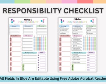 Editable Responsibility Chart for Kids, Responsibility Chore Chart for Teens, Kid Weekly Schedule  Chore List, Kids Daily Routine Checklist
