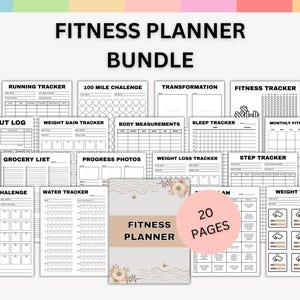 May include: A fitness planner bundle with 20 pages, featuring various trackers for running, weight loss, and body measurements. The pages are in black and white with a beige cover that says "Fitness Planner".