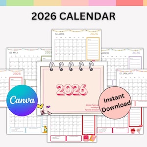 Puede incluir: Una colección de calendarios de 2026 con un diseño rosa y blanco. Los calendarios están dispuestos en un patrón circular, con la palabra "2026" en un lugar destacado. La imagen también incluye el logotipo de Canva y las palabras "Descarga instantánea".