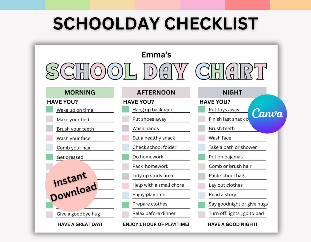 Editable Schoolday Checklist for Kids | Chore Chart | Printable ...