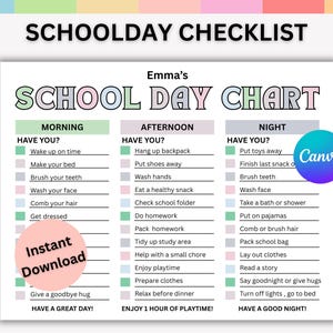 May include: A printable school day checklist with the title "School Day Chart" and the text "School Day Checklist" at the top. The checklist is divided into morning, afternoon, and night sections, with tasks listed under each.