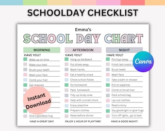 Editable Schoolday checklist for kids  | Chore Chart | Printable | Morning,Afternoon,Night Routine Checklist | Kids Responsibility Chart.