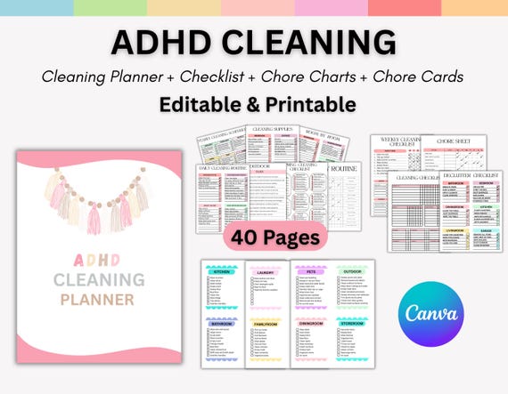 Editable Adhd Cleaning Checklist Bundle, House Cleaning Tracker, ADHD Chores, ADHD Cleaning Schedule Planner, ADHD Chores, Instant Download