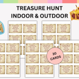 Op de afbeelding: Schattenjachtspel met 30 hintkaarten, een schatkist en een fles. De kaarten bevatten raadsels voor binnen- en buitenschattenjachten. De tekst op de afbeelding luidt "Treasure Hunt Indoor & Outdoor".