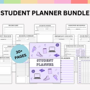 May include: A student planner bundle with various pages for organization. The image shows pages for to-do lists, exam planning, assignment tracking, and more. The title "Student Planner Bundle" is at the top, with "30+ Pages" in a circle. The pages have a white background with black text.