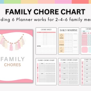Puede incluir: Un conjunto de gr&aacute;ficos y planificadores de tareas familiares imprimibles. El dise&ntilde;o incluye una combinaci&oacute;n de colores rosa y blanco con el texto "FAMILY CHORE CHART" y "FAMILY CHORES". Incluye 6 planificadores para 2-4-6 miembros de la familia.