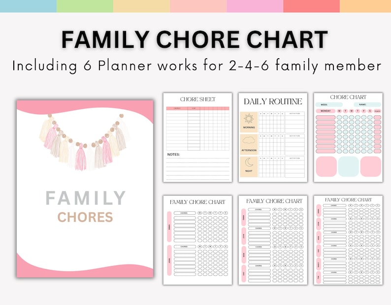 Puede incluir: Un conjunto de gr&aacute;ficos y planificadores de tareas familiares imprimibles. El dise&ntilde;o incluye una combinaci&oacute;n de colores rosa y blanco con el texto "FAMILY CHORE CHART" y "FAMILY CHORES". Incluye 6 planificadores para 2-4-6 miembros de la familia.