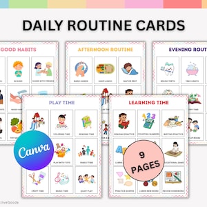 May include: A set of colorful daily routine cards with illustrations for children. The cards are divided into categories like Good Habits, Afternoon Routine, and Learning Time. The text "DAILY ROUTINE CARDS" is at the top. The Canva logo is visible.