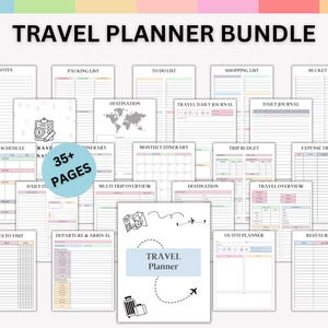 May include: A collection of printable travel planner pages, including packing lists, itineraries, and budget trackers. The title "TRAVEL PLANNER BUNDLE" is at the top. The bundle includes over 35 pages with various layouts and designs for trip planning.