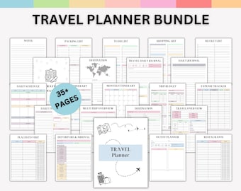 Paquete Premium de Planificadores de Viaje / Más de 35 páginas editables en formato PDF y PNG / Itinerario, Viaje por carretera, Organización, Diario, Empaque, Lista de deseos y mucho más.