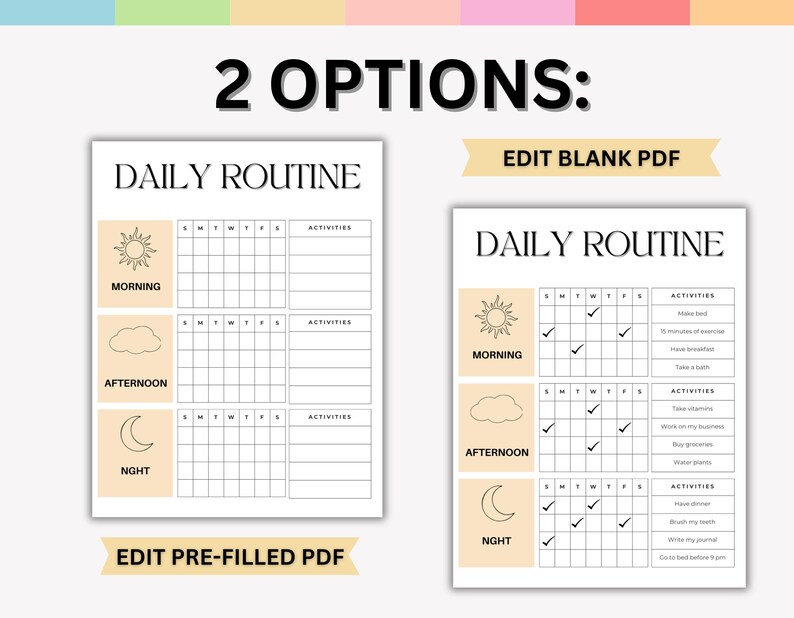 Puede incluir: Dos plantillas imprimibles de rutina diaria. Una est&aacute; en blanco y la otra est&aacute; precargada. Ambas plantillas tienen secciones para la ma&ntilde;ana, la tarde y la noche, con espacio para rastrear actividades. El texto "DAILY ROUTINE" est&aacute; en la parte superior.