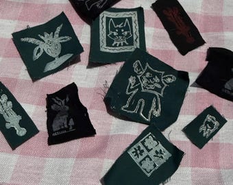 Mystery Handmade Linocut Patch Pack, 5 Block Print Patches, Punk Dark Alternative Alt Witchy Kitty