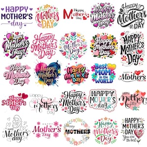 Könnte beinhalten: Eine Sammlung farbenfroher "Happy Mother's Day"-Designs in verschiedenen Stilen. Die Designs umfassen florale Elemente, Herzen und dekorative Schriftarten, ideal für Karten, Geschenke oder Bastelarbeiten.