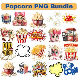 Può includere: Una collezione di grafiche PNG a tema popcorn. Le immagini includono popcorn in contenitori a righe rosse e bianche, personaggi dei cartoni animati ed elementi testuali come "Popcorn" e "National Popcorn Day."