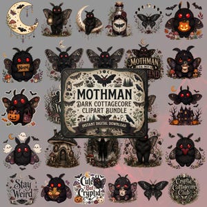 Puede incluir: Un paquete de imágenes prediseñadas digitales con varias ilustraciones de criaturas Mothman negras con ojos rojos, setas, lunas y calabazas. La etiqueta central dice MOTHMAN DARK COTTAGECORE CLIPART BUNDLE INSTANT DIGITAL DOWNLOAD con motivos botánicos.