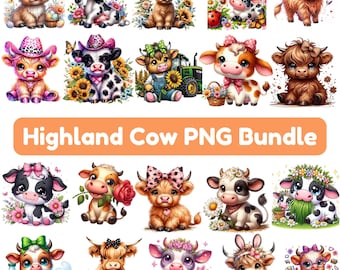 Baby Highland Cow Clipart Bundle, Floral PNG Illustrations (Digital Download)
