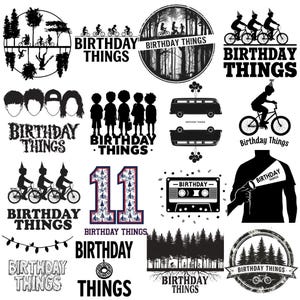 May include: A selection of black and white graphics with the words "Birthday Things". The images include silhouettes of children on bikes, a cassette tape, a van, and a forest scene. The number "11" is also featured.