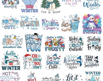 May include: A collection of winter-themed graphic designs featuring snowmen, snowflakes, and text. Designs include phrases like "Hello Winter," "Let it Snow," and "Hot Cocoa and Fuzzy Socks." The color palette includes blues, reds, and whites.
