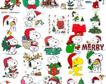 May include: A collection of cartoon illustrations featuring Snoopy and other Peanuts characters in various Christmas scenes. Snoopy is wearing a Santa hat in most images, with Christmas trees, gifts, and festive decorations. The phrase "Merry Christmas" is also present.