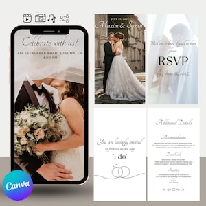Wedding Video Invitation Template, Animated Wedding Invitation with RSVP, Details & Program, Wedding Video Announcement Canva Template