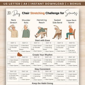 Chair Stretching Challenge for Seniors, 30 Day Low Impact Seated Exercises, Elderly Workout Printable, Elderly Low Impact Chair Workout PDF