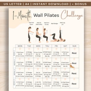 1-maand pilates-tabel voor aan de muur, pdf-tabel voor thuisoefeningen voor beginners, dagelijkse pilates-kaart met lage impact, pilates-tabel zonder apparatuur afdrukbaar