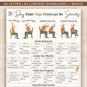 30 Day Chair Yoga Challenge for Seniors, Seated Exercise Routine PDF, Low Impact Movement Chart, Printable Home Workout for Elderly