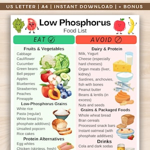 Low Phosphorus Food List, Kidney-Friendly Grocery List, Renal Food Chart, Kidney Food List, Low Phosphorus Food Chart Printable PDF