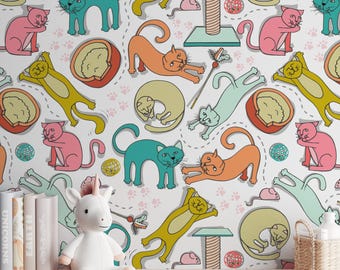Silly Whimsical Cats in White Peel & Stick Self-Adhesive or Smooth Pre-Pasted, Wallpaper Rolls for Nursery or Playroom