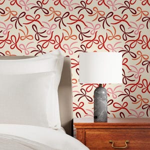 Tie It Up - A Ribbon and Bow Print in Red Peel & Stick Self-Adhesive or Smooth Pre-Pasted, Wallpaper Rolls for Nursery or Playroom