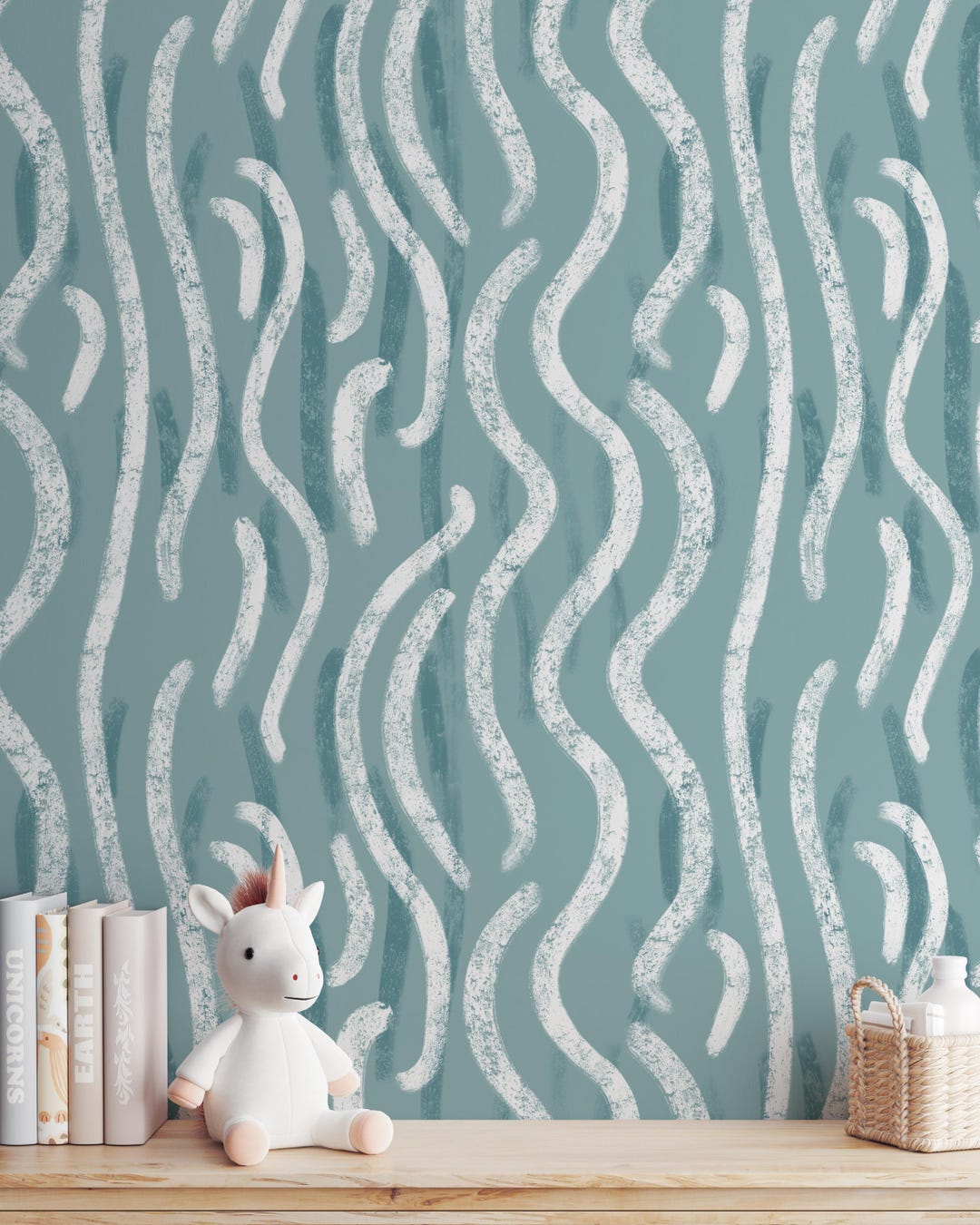 Light Teal Wavy Stripe Wallpaper, Peel and Stick or Pre-pasted, Nursery ...