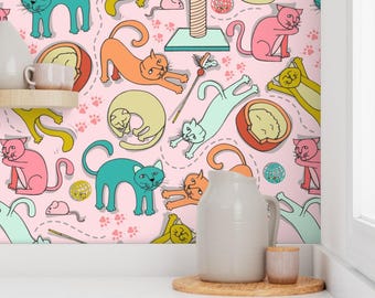 Silly Whimsical Cats in Pink Peel & Stick Self-Adhesive or Smooth Pre-Pasted, Wallpaper Rolls for Nursery or Playroom