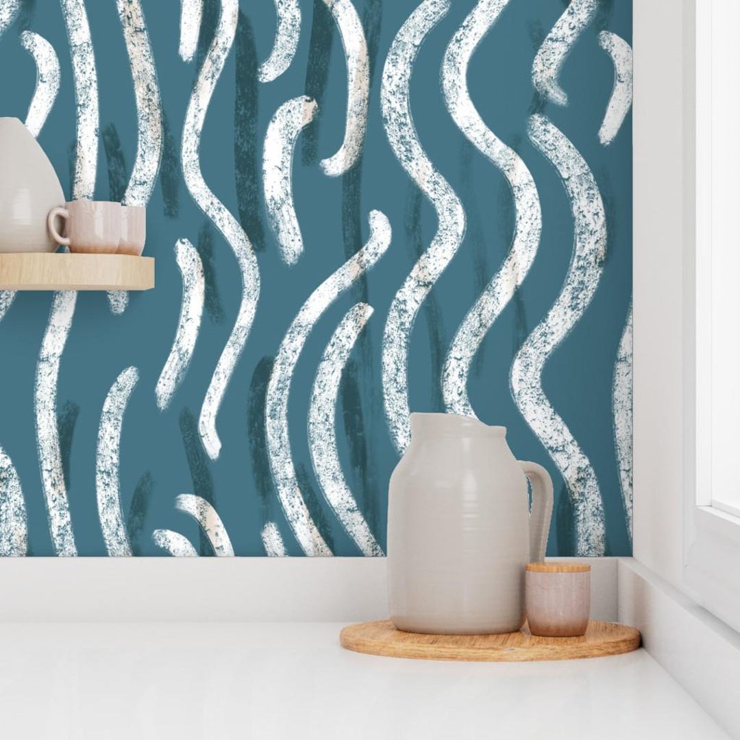 Teal Wavy Stripe Wallpaper, Peel and Stick or Pre-pasted, Nursery ...