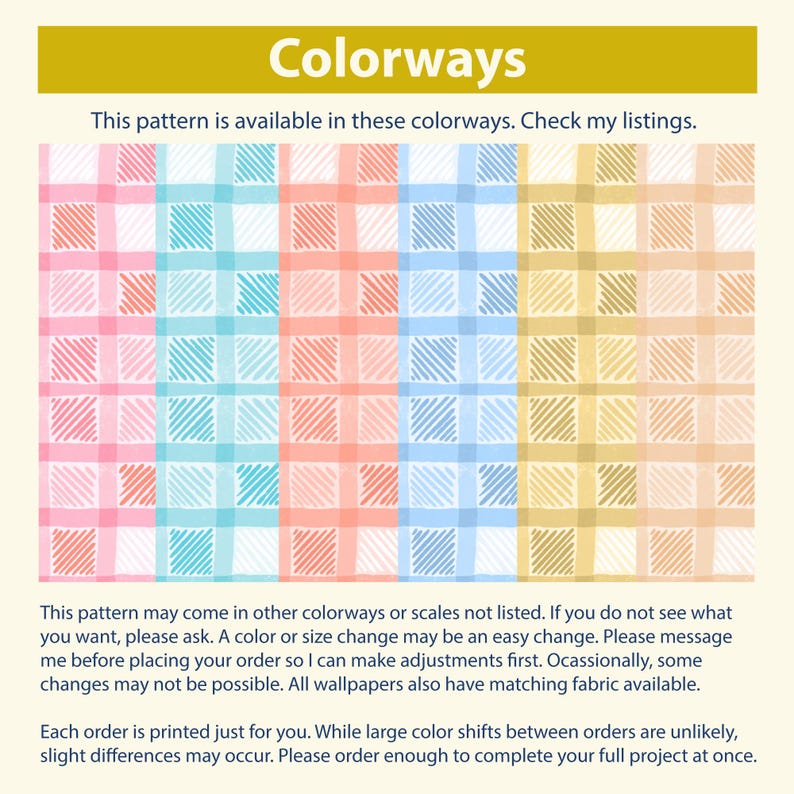 May include: A graphic featuring four color variations of a plaid pattern. The colorways include pink, teal, coral, and gold. The text "Colorways" is at the top, with additional text below describing the pattern's availability and customization options.