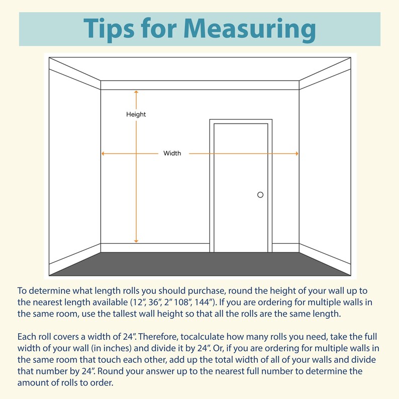 May include: Diagram illustrating how to measure a room for wallpaper. The image shows a room with labeled dimensions for height and width. Text at the top reads "Tips for Measuring". Instructions are provided for calculating wallpaper roll quantities.