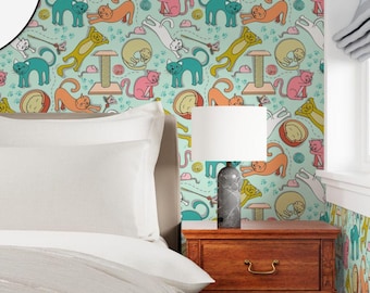 Silly Whimsical Cats in Aqua Peel & Stick Self-Adhesive or Smooth Pre-Pasted, Wallpaper Rolls for Nursery or Playroom