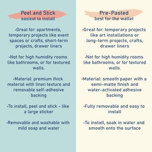 May include: A side-by-side comparison of two types of wallpaper: Peel and Stick and Pre-Pasted. The Peel and Stick option is described as easiest to install, while the Pre-Pasted is best for the wallet. Each option lists its features and installation instructions.